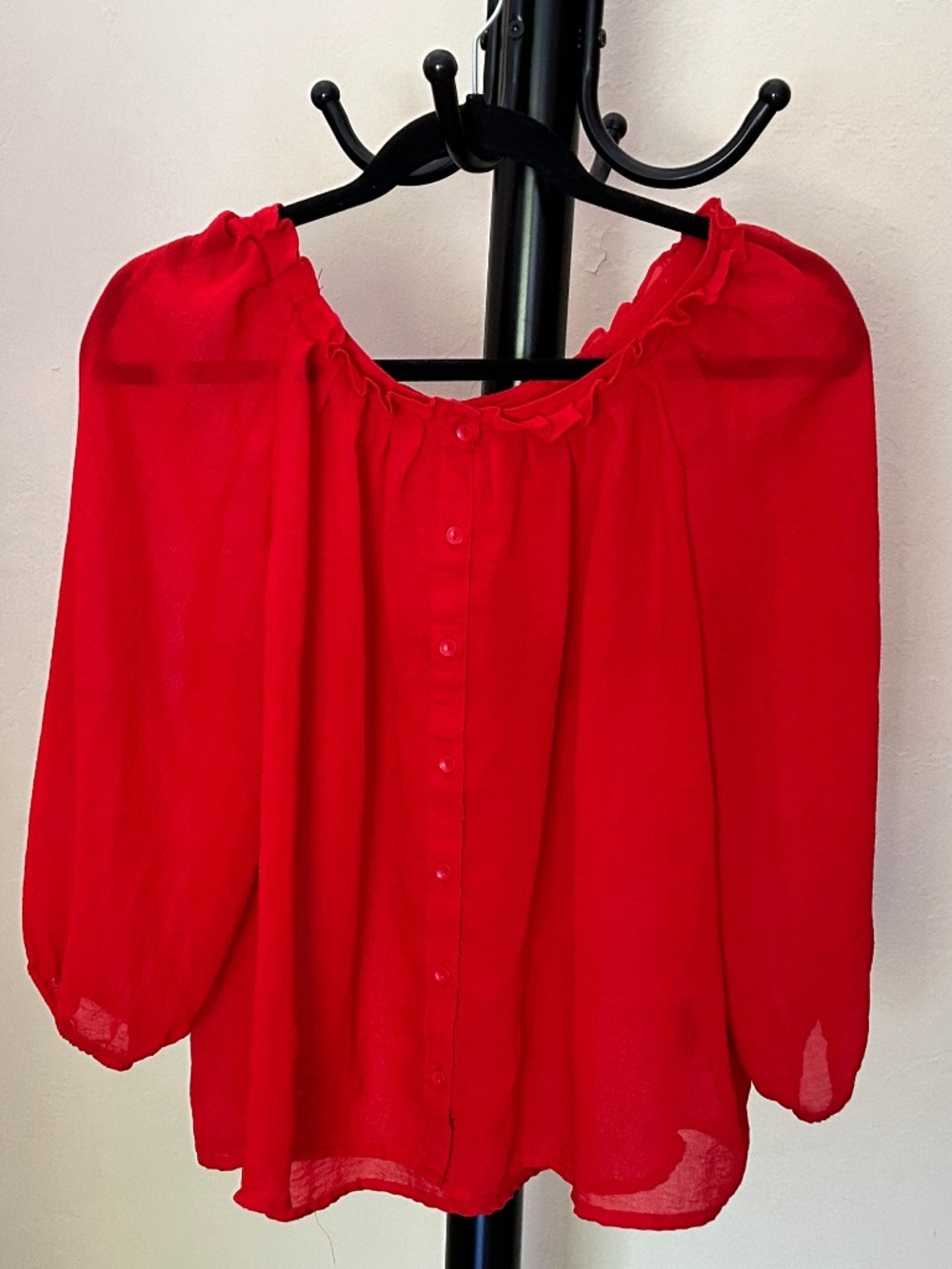 Romantic Lightweight Red Chiffon Button Up Blouse